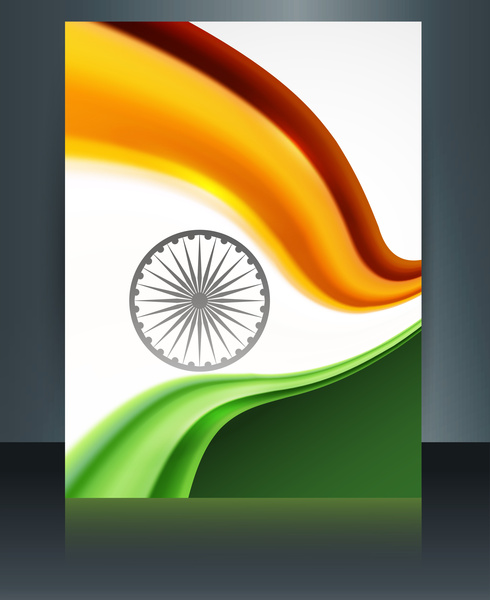 ธงชาติอินเดียสวยเงาคลื่นโบรชัวร์แม่แบบพื้นหลังสะท้อนเวกเตอร์