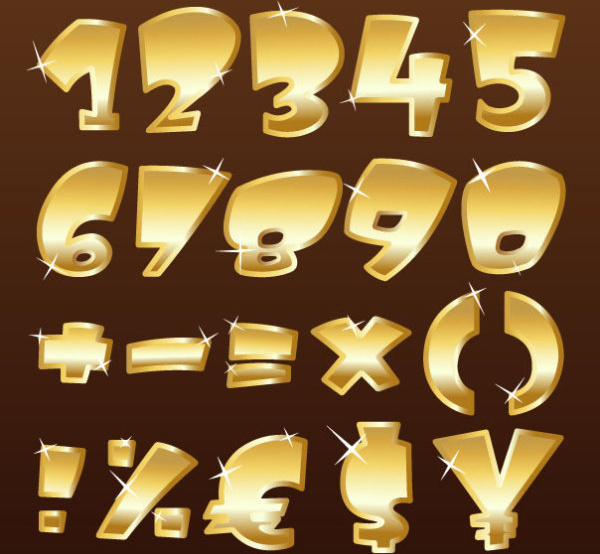 光沢のあるゴールドのアルファベットと数字句読点ベクトル