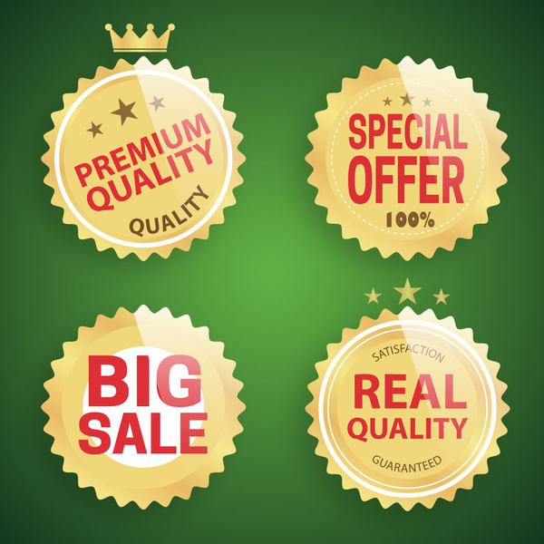 ícones de promoção de venda de ouro brilhante sobre fundo verde