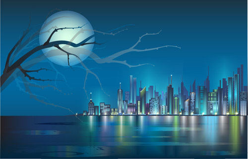Brillante noche ciudad paisaje vector