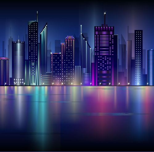 Brillante noche ciudad paisaje vector
