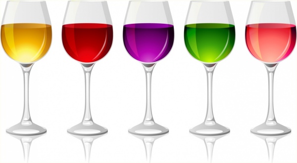 كؤوس النبيذ مجموعة أيقونات ملونة لامعة زخرفة السائل
