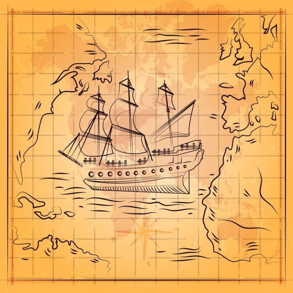 رسم السفينة الرجعية تصميم رسم مرسومة باليد