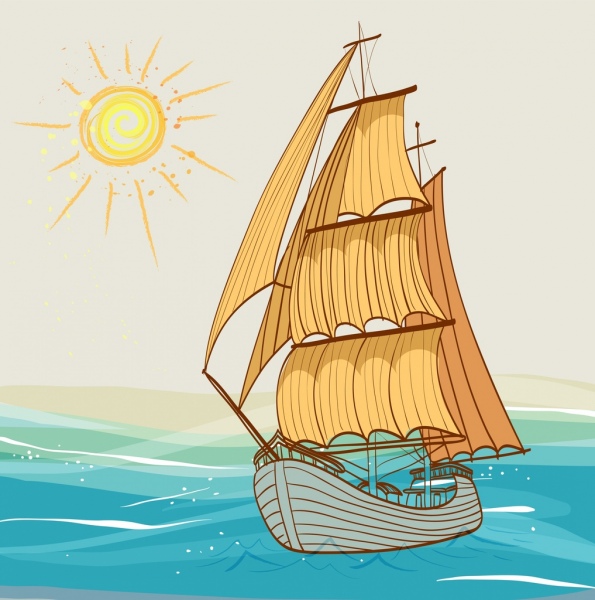 배 바다 태양 아이콘 색된 handdrawn 스케치 그리기