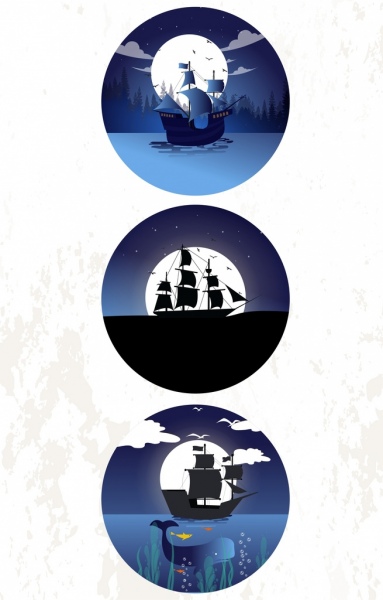 Коллекция иконок корабля лунный свет морской круг изоляция