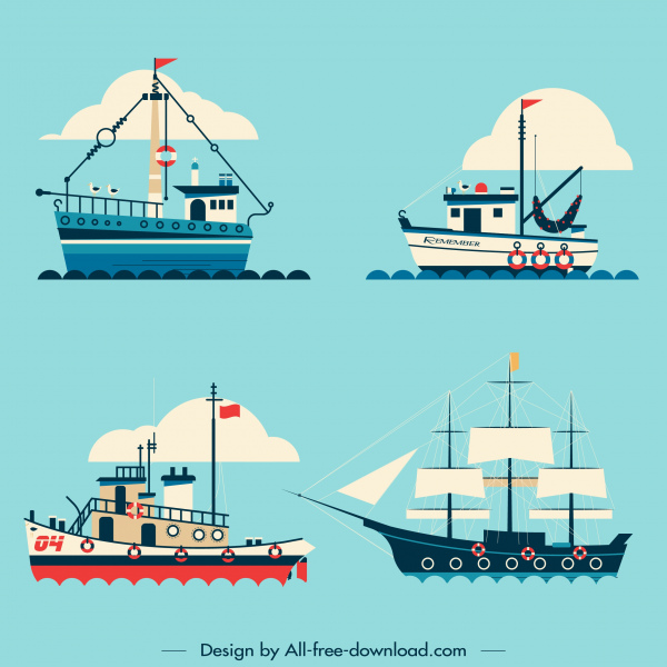 iconos de barco color plano boceto moderno modelos clásicos