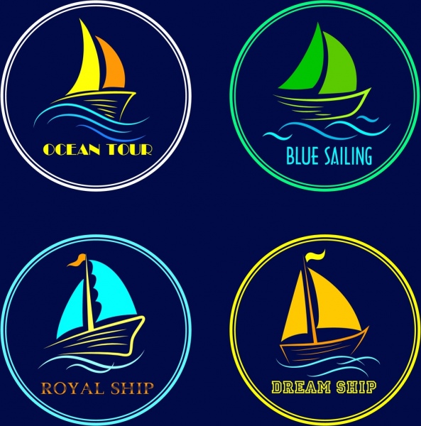 navio de turismo logotipos vela mar ícones círculo isolamento