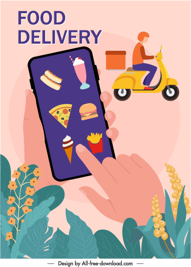 aplikasi pengiriman iklan banner smartphone skuter sketsa makanan