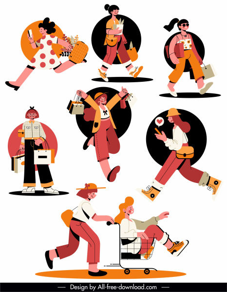 icone shopper colorato personaggi dei cartoni animati design dinamico