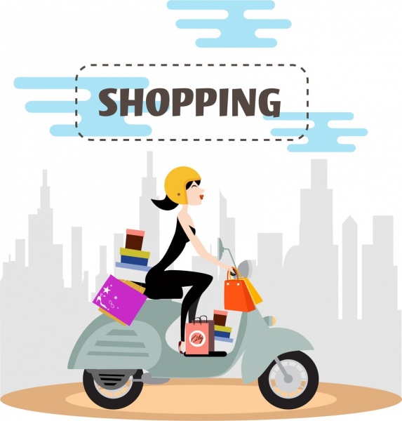 购物广告女人骑踏板车的彩色卡通