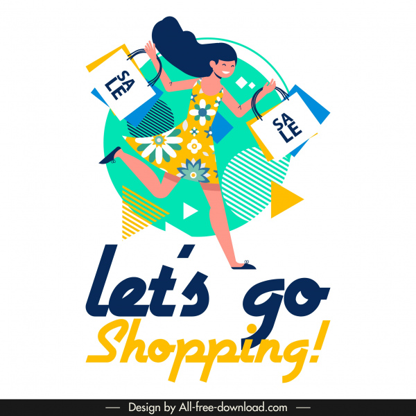 belanja banner ikon Shopper gembira desain datar warna-warni