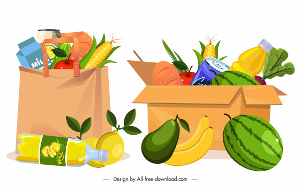 Shopping Design Elemente Tasche Box Lebensmittelskizze