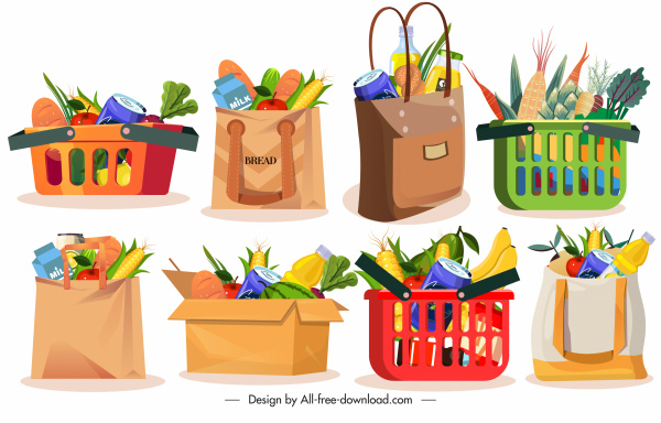 elementos de design de compras sacos carrinhos esboço alimentos
