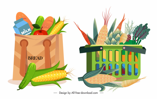쇼핑 디자인 요소 음식 가방 스케치