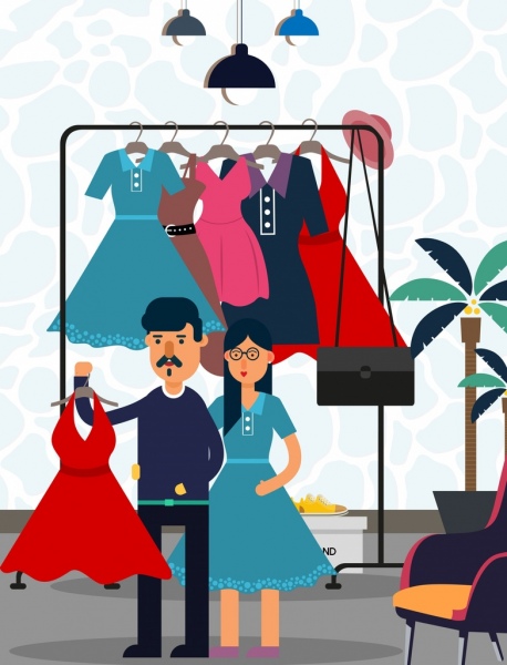 Shopping Drawing Couple Choosing Dress Colored Cartoon-vector Cartoon-free  Vector Free Download