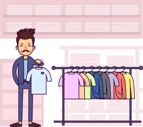 Shopping zeichnen Mann Kleidung zeigen Symbole farbige cartoon