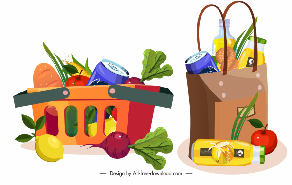 Einkaufssymbole Tasche Warenkorb Lebensmittel skizzieren buntes Design