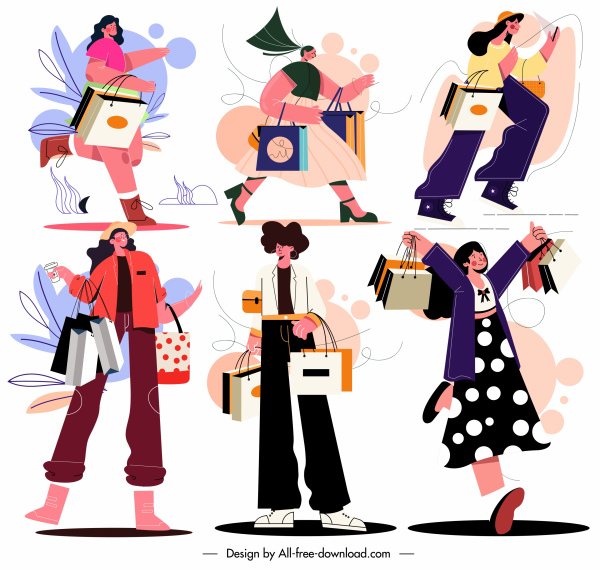 shopping dames icônes colorés personnages de dessins animés croquis