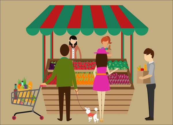 Tema katip ve müşteriler gıda mağazasında alışveriş