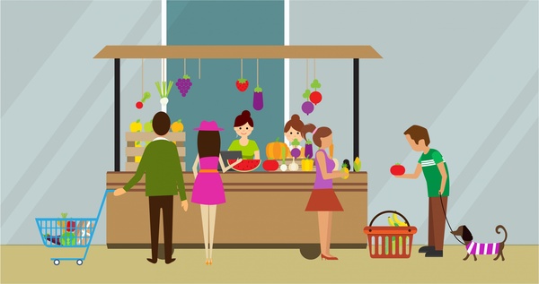 खरीदारी थीम फलों की दुकान पर ग्राहकों को डिजाइन शैली