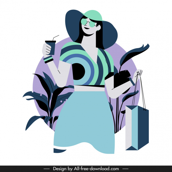 mulher shopping Icon colorido Cartoon personagem esboço