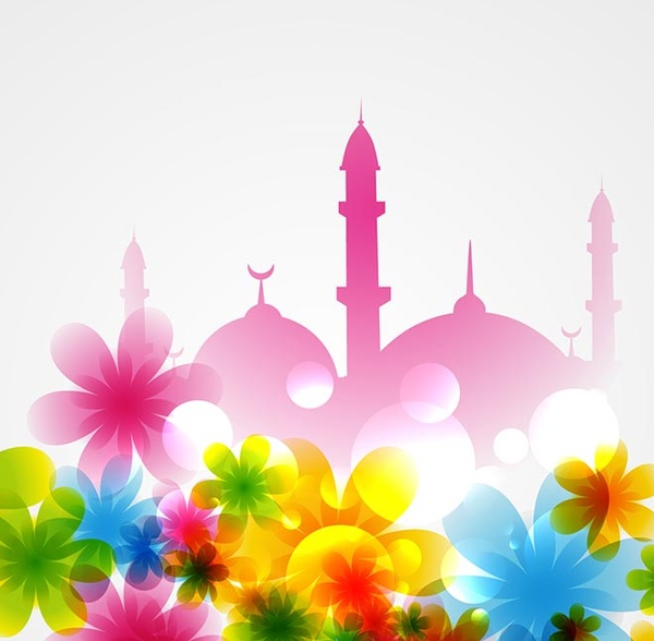 siluet Masjid dengan elemen desain bunga