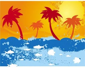 palmeira de silhueta na arte de sol floral azul do mar no vetor de fundo grunge laranja