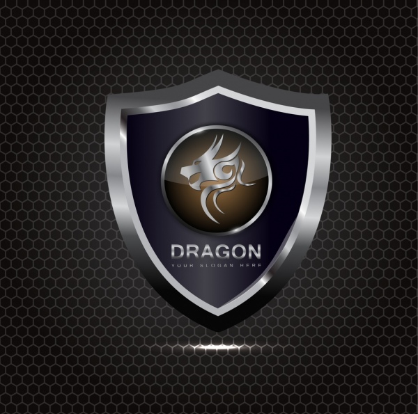 ícone do escudo de prata brilhante decoração design de dragão