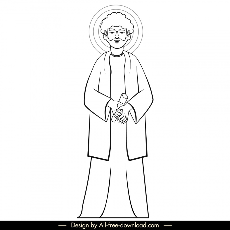 Simon Christian Apostle ikon hitam putih garis besar karakter kartun retro