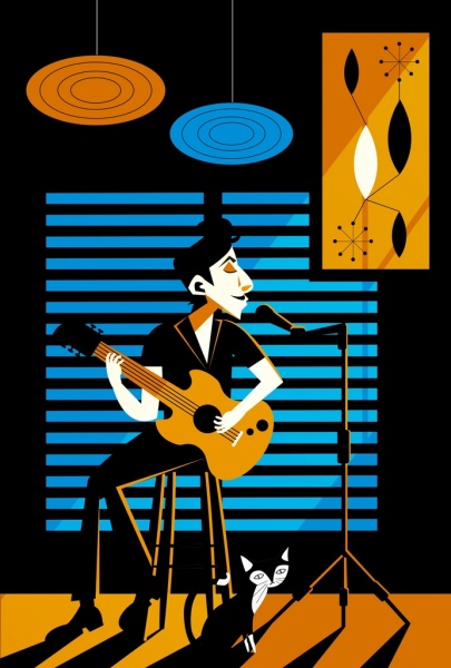 cantor tocando violão, desenho colorido design retro