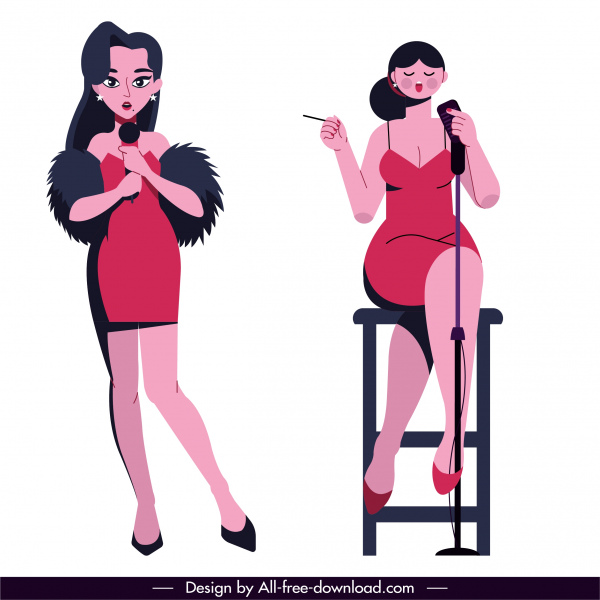 chanteurs icônes jeunes dames esquissent des personnages de dessin animé