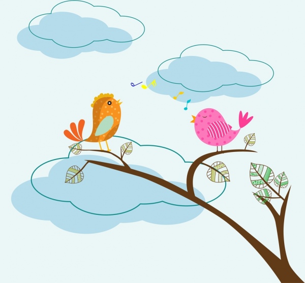 tema de pássaros cantando coloridos estilo cartoon