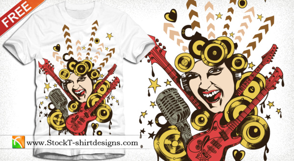 bernyanyi gadis gitar dan mikrofon desain kaos gratis