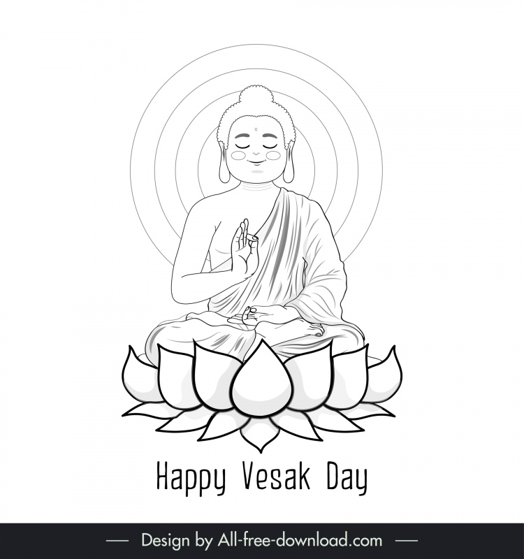 座っている仏陀幸せなベサクの日デザイン要素蓮仏教スピリチュアルアートアウトライン