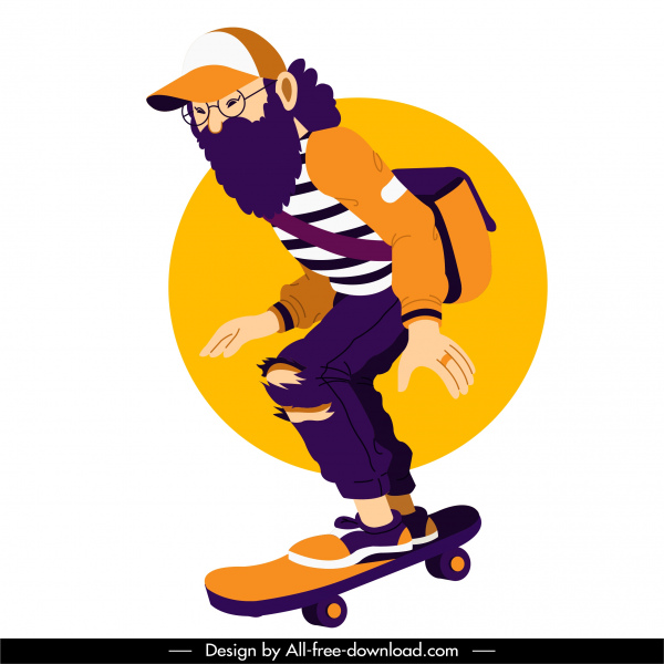 skateboard olahraga ikon pria berjenggot sketsa karakter kartun