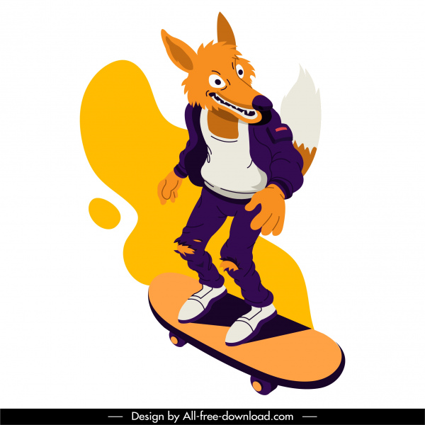 스케이트 보드 스포츠 아이콘 늑대 남자 스케치 만화 디자인