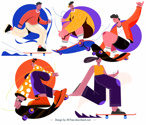 skateboard icone sportive dinamico cartone animato schizzo