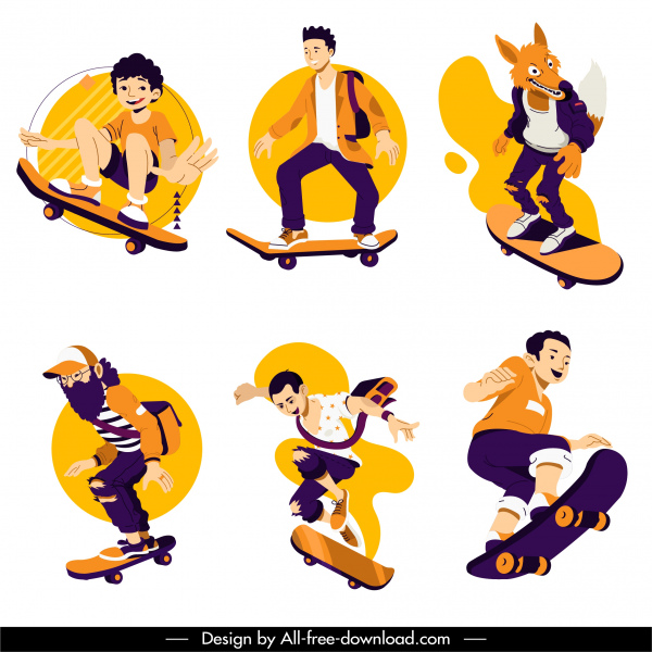 скейтборд спортивные иконы динамический эскиз мультипликационных персонажей