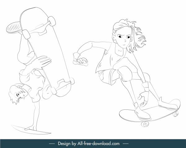 icônes de skateboarder conception dynamique croquis de dessin animé tiré à la main