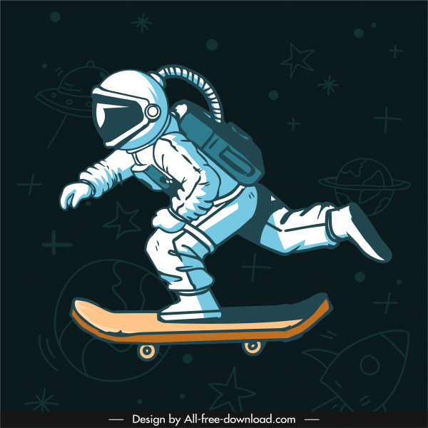 skateboarding latar belakang astronot kartun handdrawn dinamis