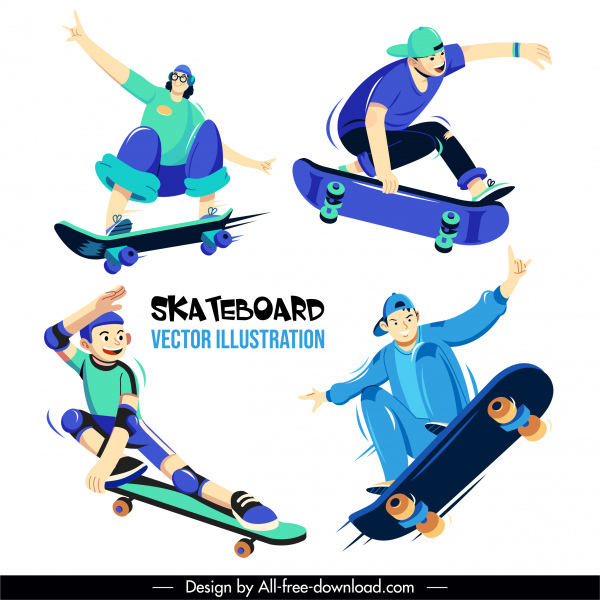 ícones de skatista dinâmica desenho animado esboço