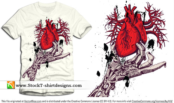 mano esqueleto anatómico corazón rojo con diseño de camiseta gratis