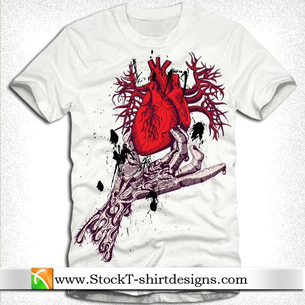 Ücretsiz tshirt tasarım ile anatomik kırmızı kalp tutan iskelet el