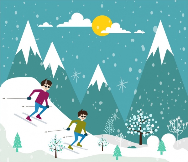 滑雪運動圖七彩戶外卡通設計