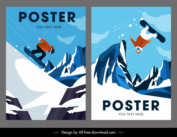 esquiando cartazes esportivos coloridos design dinâmico