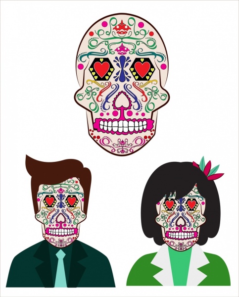 Máscara Caveira desenha elementos horror estilo colorido decoração