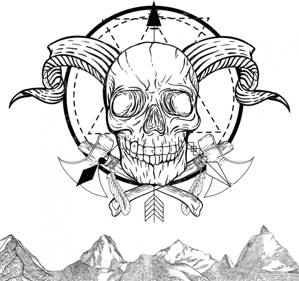 Skull Tattoo plantilla negro blanco retro sketch