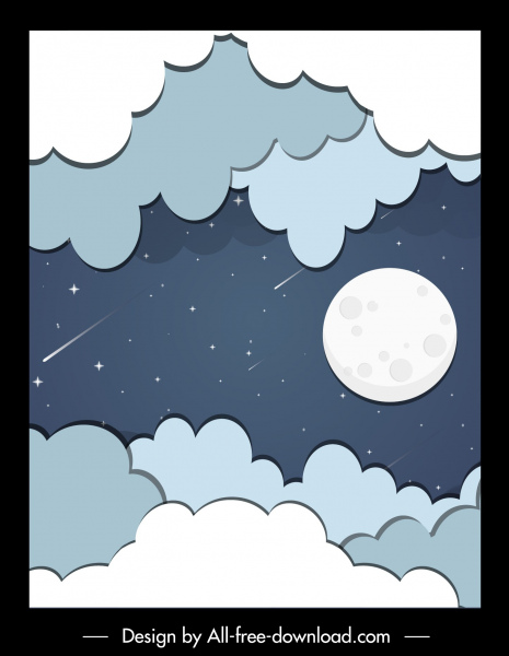 空背景雲月落下星フラットスケッチ