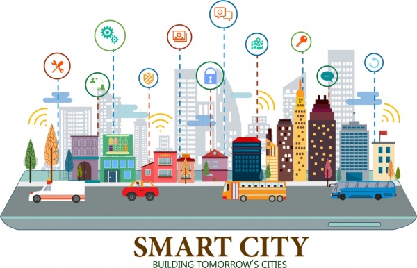 Smart city poster edifici internet interfaccia icone arredamento