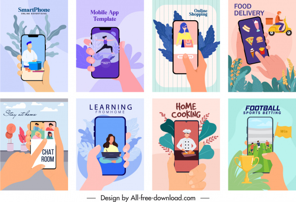anúncio de aplicativo de telefone inteligente colorido temas clássicos esboço